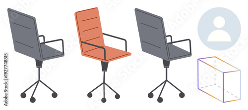 Office furniture design, 3D modeling, workplace ergonomics, business tools, user interface, creative concepts. Three office chair views with a 3D outline box and user icon. Office furniture and 3D