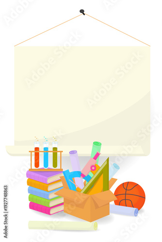 School supplies and books with blank hanging banner back to school cartoon illustration.
