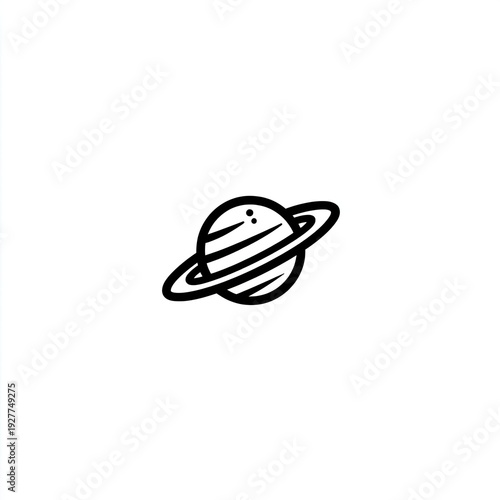 A stylized, minimalist planet with rings, drawn in black ink on white