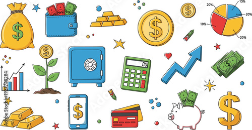 Finance and Investment Doodle Vector Set with Money Bag, Gold Bars, Safe, Calculator, Piggy Bank, Cash, Growth Chart, and Dollar Symbols