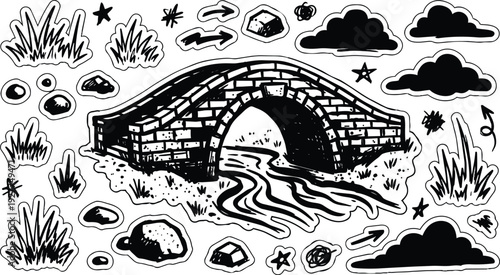Line art sticker style stone bridge over winding stream with grass rocks clouds and doodle elements black ink hand drawn