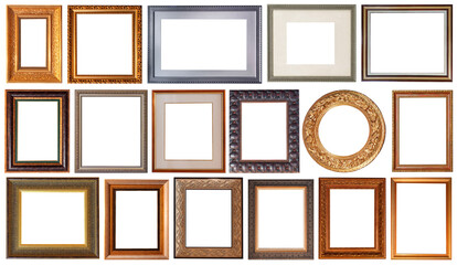 Set of picture frames isolated on white background antique carved gold