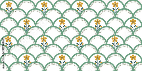 Seamless vector illustration of spring and floral arches, perfect for vintage style fabric wallpaper decoration and nature backdrop designs. Tile patterns, classic curved background patterns.