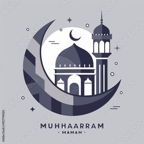 “Muharram Mubarak Islamic Illustration with Crescent Moon and Mosque Vector Design”