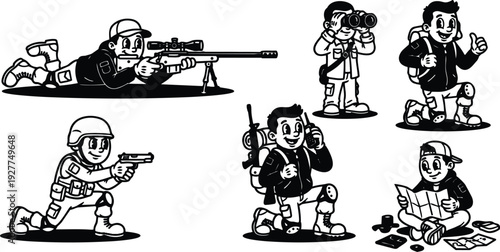 Retro cartoon 90s tactical characters prone sniper aiming soldier kneeling officer and cheerful hiker reading map with binoculars backpack smiling