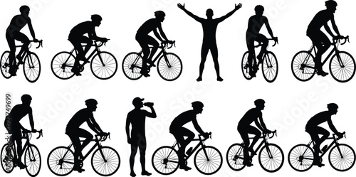 Bicycle, cyclist, silhouette, racing, sport, road, bike, athlete, collection, competition, set, exercise, mountain, active, lifestyle, flavector, vector, illustration, equipment, training,