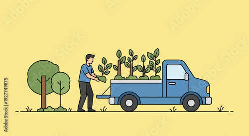Flat vector illustration of a man loading plants into a blue pickup truck on a grassy field with trees and a yellow background