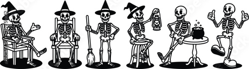 Tattoo flash row of six skeleton witches and characters sitting standing with broom lantern and cauldron playful vintage line art