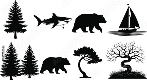 Gorilla, silhouette, collection, animal, wildlife, primate, ape, strong, powerful, nature, zoo, silverback, jungle, mascot, character, flavector, vector, illustration, set, head,