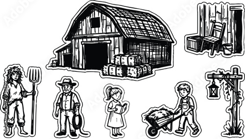 Line art farm sticker set barn hay bales farmer woman with pitchfork man with lasso girl reading boy wheelbarrow lantern