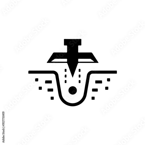 black and white icon depicting the exact moment of a seed falling from a planter into the soil furrow. A perfect symbol for germination, agricultural technology, and the beginning of the growth cycle