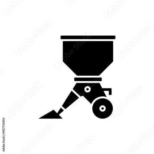 icon of a precision row crop planter unit. Featuring a large seed hopper and rear press wheel, this side-profile illustration represents modern planting technology and industrial farming equipment