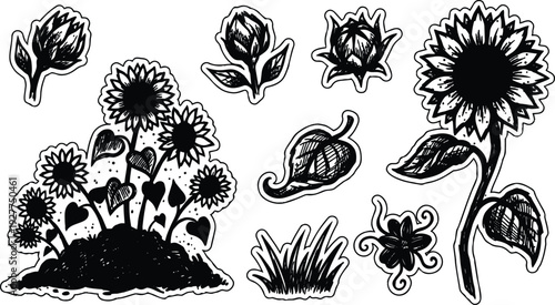 Tattoo flash sticker sheet close up sun flower wild flower cluster single stem leaves buds grass decorative bold ink line art vector