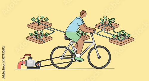 Man pedaling bicycle with attached lawnmower, surrounded by floating planters, against a bright yellow background – action illustration