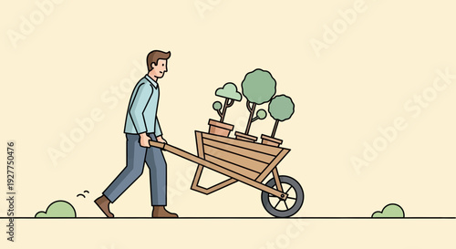 Cartoon Man Pushing Wheelbarrow of Plants Through a Peaceful Garden Scene