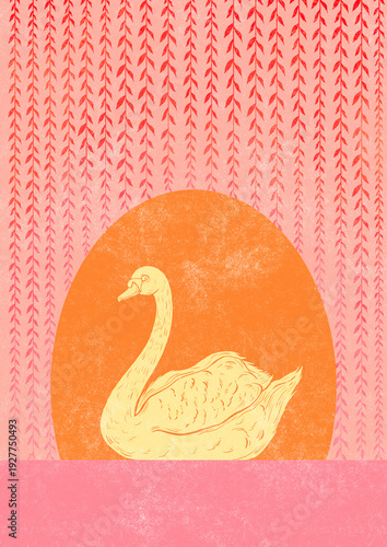 Bright spring poster in pink and yellow tones with a swan on the lake under the willow twigs illustration. Ideal for dopamine interior, Easter decor. Size A2