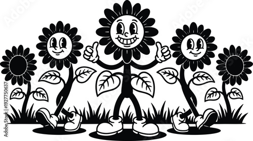 Retro cartoon smiling sunflower character in center giving thumbs up walking with two side sunflowers in grassy field black art