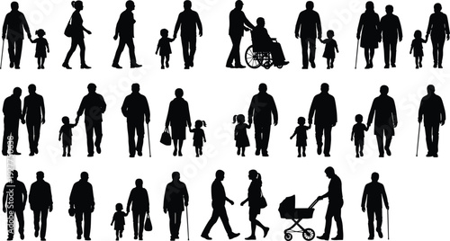 People, silhouette, collection, family, children, walking, elderly, wheelchair, parent, child, stroller, outdoor, activity, lifestyle, set, flavector, vector, illustration, community, group,