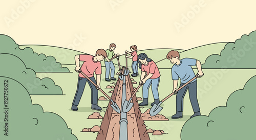 People digging a trench in a green field, teamwork and cooperation in a tranquil cartoon illustration