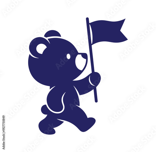blue cartoon bear holding a waving flag in one hand and running to the right side