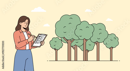 Woman Inspecting Trees with Clipboard, Jacket, Pen in Sunny Landscape