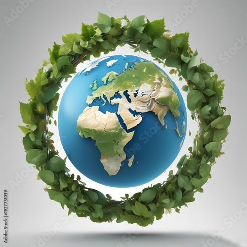 3D Earth with recycling symbol made of leaves around globe, environmental conservation concept, clean white background