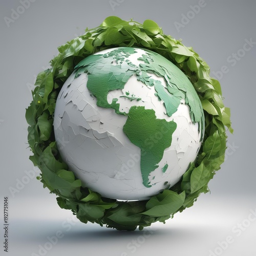 3D Earth with recycling symbol made of leaves around globe, environmental conservation concept, clean white background