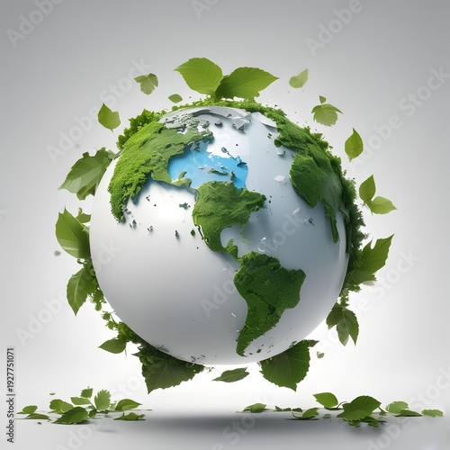 3D Earth with recycling symbol made of leaves around globe, environmental conservation concept, clean white background