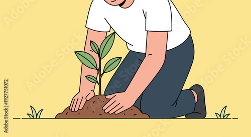 Cartoon Man Planting Tree in Soil, Kneeling, Showing Care on Bright Yellow Background, Front View