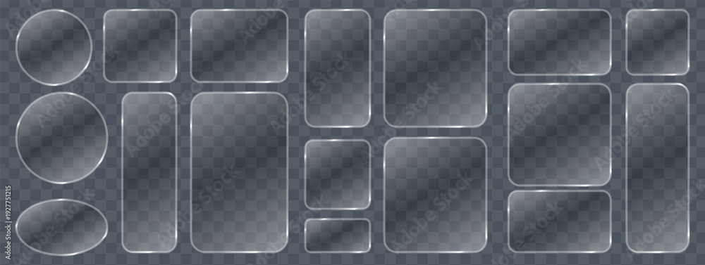 Obraz premium Liquid glass button interface, light frame banner set, glowing glass panel banners tech style, futuristic mobile app frames, PNG light vector set.