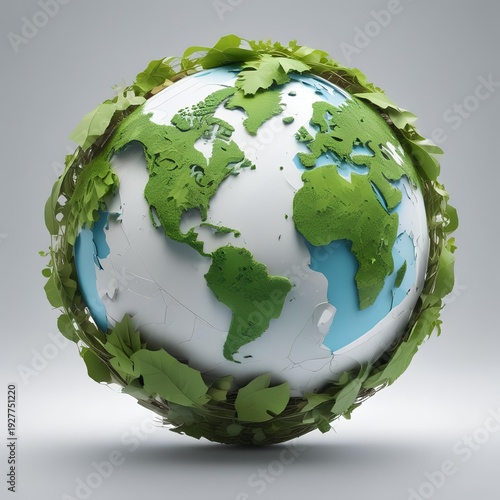 3D Earth with recycling symbol made of leaves around globe, environmental conservation concept, clean white background