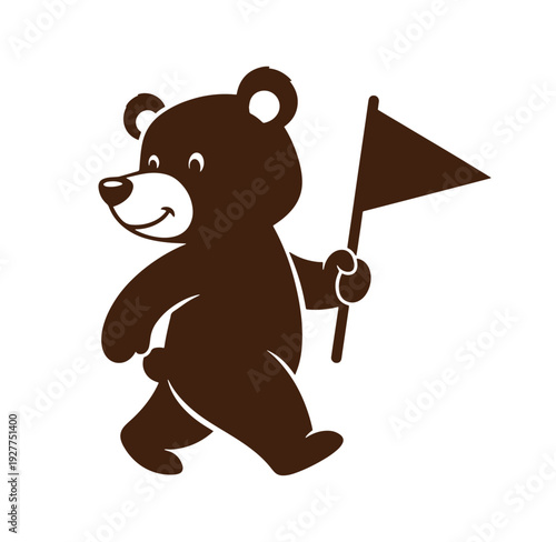 Brown bear holding a flag in its paw and smiling  cute animal illustration