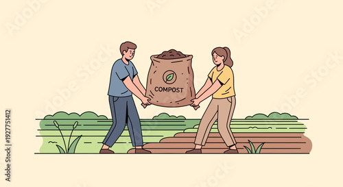 Man and woman carry compost in garden cooperation, illustrated in cartoon style