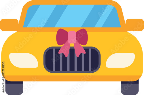 Yellow car front view with a large pink bow symbolizing a gift or celebration