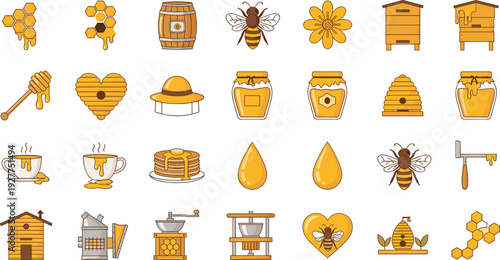 Honey and Beekeeping Vector Set with Beehive, Bee, Honey Jar, Honeycomb, Dipper, Barrel, Flower, and Sweet Organic Product Icons