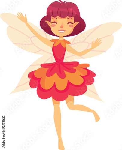 Happy fairy with red hair and pointy ears flying gracefully in a dress resembling flower petals, adorned with light colored wings
