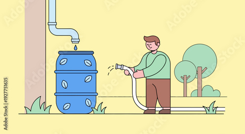 Cartoon man fills large blue barrel with water from a white hose, beside green trees, against bright yellow backdrop, seen from side