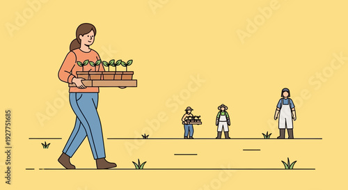 Woman carrying tray of plants among people in yellow illustration front view