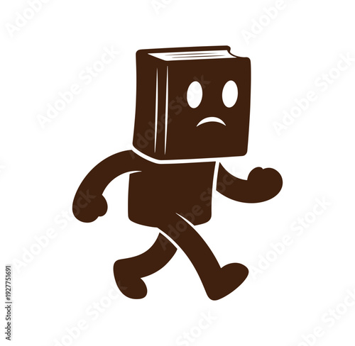 Brown cartoon book character running with sad face expression