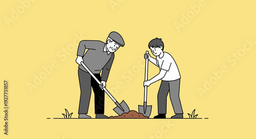 Men Digging a Hole Together in a Colorful Illustration of Teamwork and Cooperation