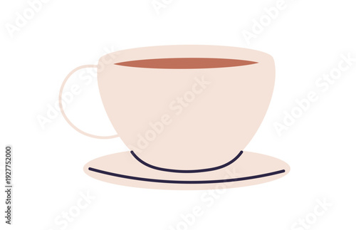 Tea cup on saucer. Big large ceramic teacup icon. Hot drink drinkware. Breakfast beverage, morning coffee, americano. Flat vector illustration isolated on white background