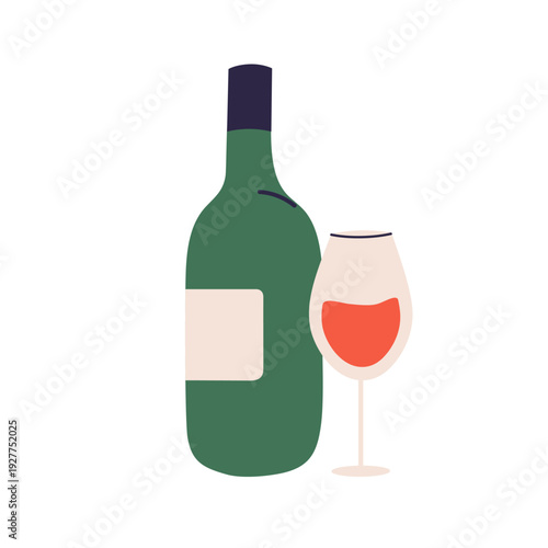 Red wine bottle and glass. Alcohol and wineglass. Alcoholic beverage, bar drink for celebration. Vine in festive chalice, goblet, stemware. Flat vector illustration isolated on white background