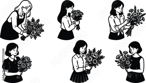 Line art florist women arranging floral bouquets in various poses holding stems close up studio black and white vector illustration