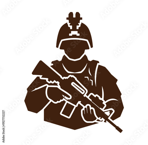 Brown silhouette of a soldier wearing a helmet and holding a rifle in a ready position