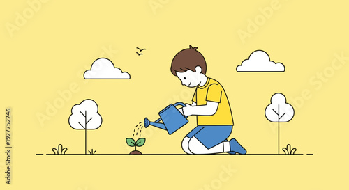 Cartoon boy watering a small plant in a bright yellow field with cotton plants and white clouds overhead