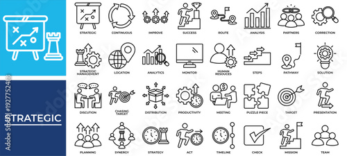 Strategic icon set collection. Containing partners, act, develop, progress, winner, monitor, planning .Line vector icons collection