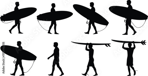 Surfer, surfing, silhouette, man, board, water, sport, summer, beach, wave, ocean, lifestyle, activity, skateboard, skating, flavector, vector, illustration, collection, set,