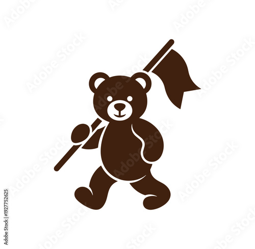 brown teddy bear holding a flag on a stick and running with a happy face expression