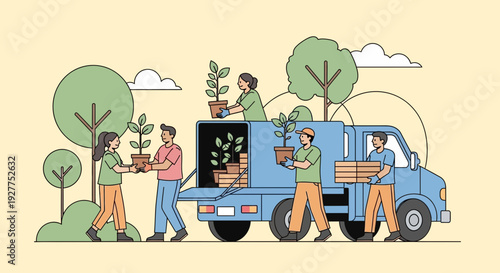 Four cartoon workers loading plants into a blue truck on a sunny yard with trees and bright colors