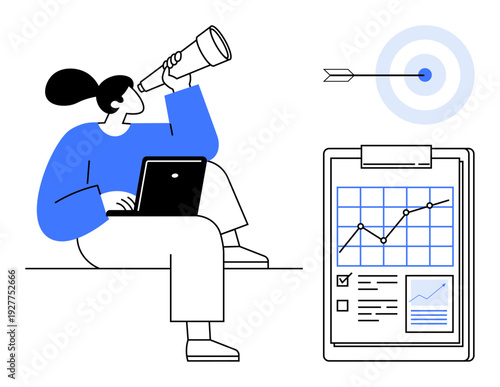 Business management, data analysis, goal setting, targeting, strategy, performance tracking. Person with a laptop using a telescope, tracking charts and a target. Data analysis and goal setting